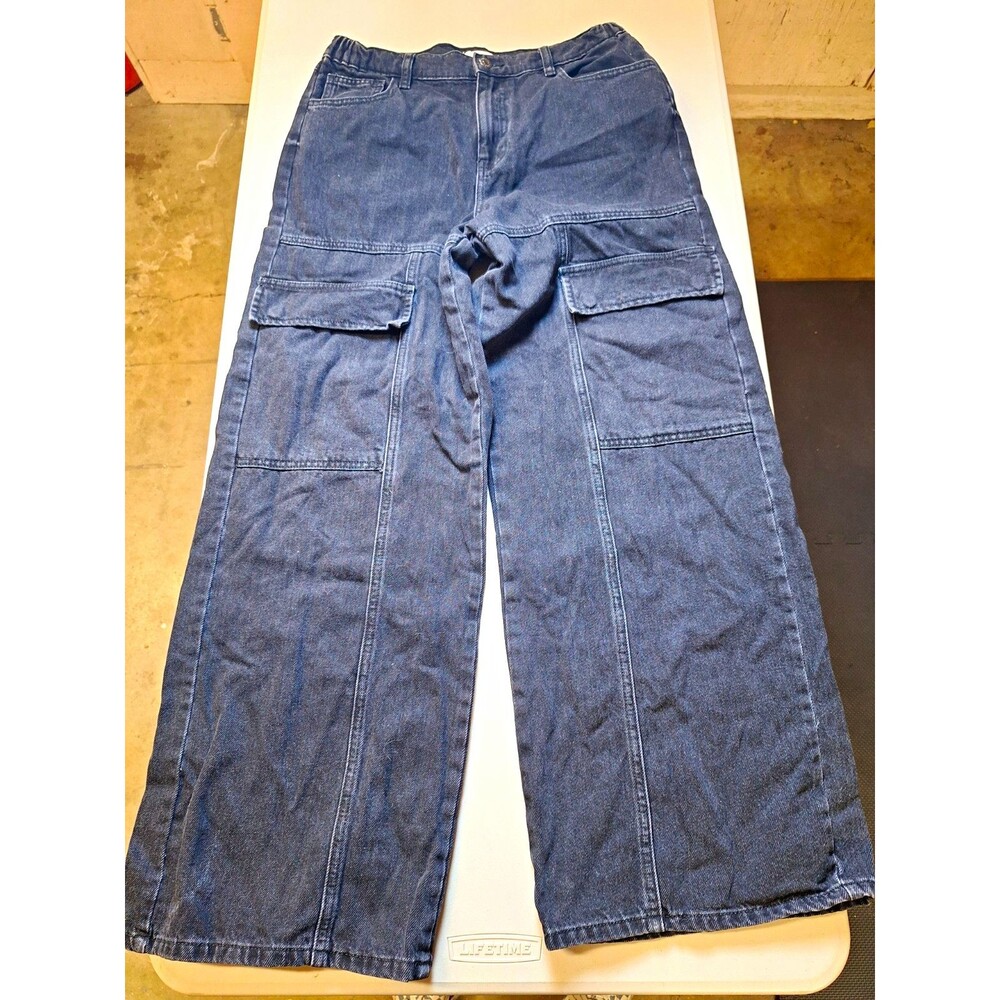 Forever 21 Premium Cargo Wide-Leg Dark Wash Black Denim Jeans Womens Size S